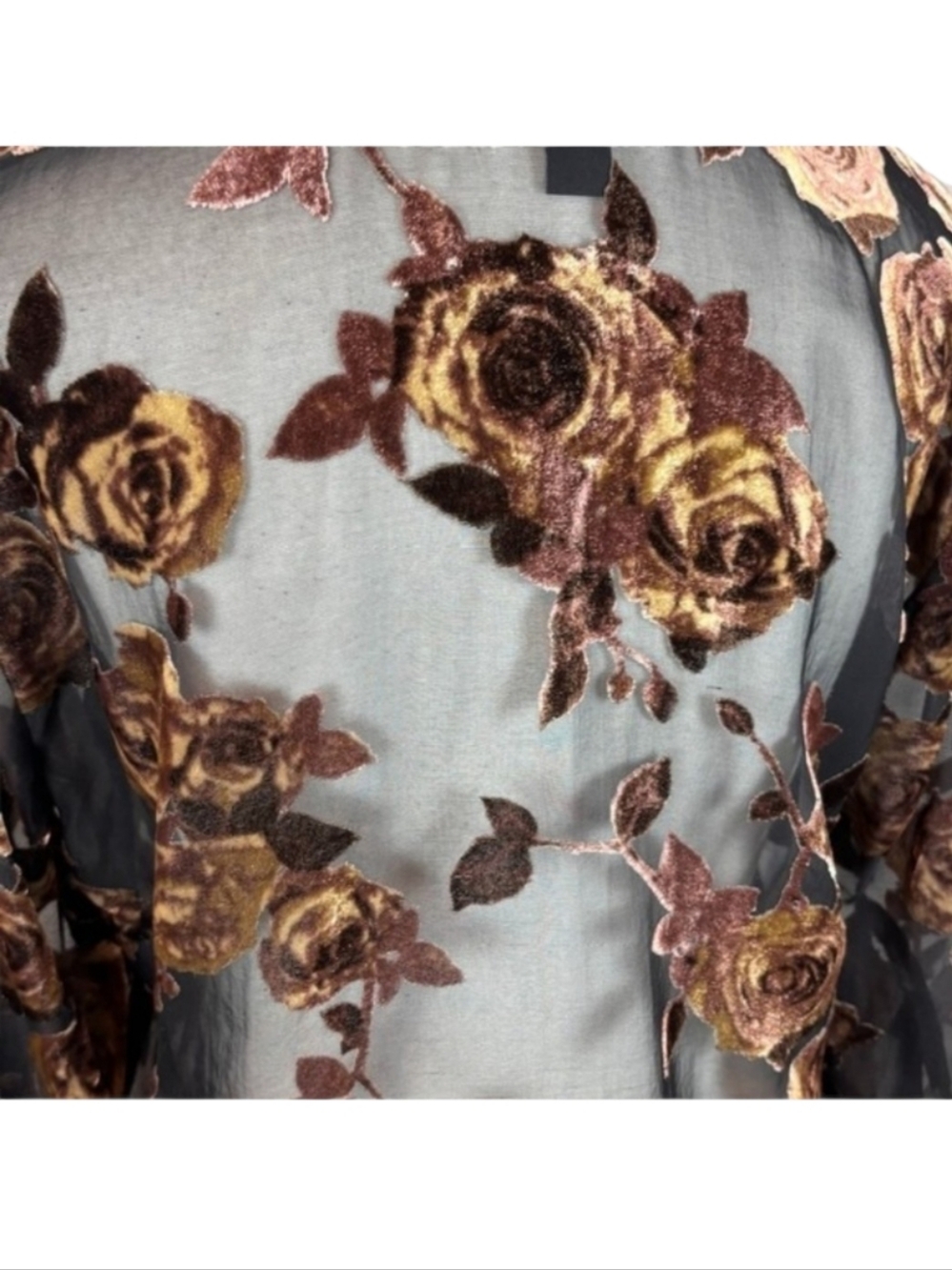Karen Kane Black and Gold Sheer Floral Velvet Bell Sleeve Burnout V-Neck Blouse - Picture 4 of 10